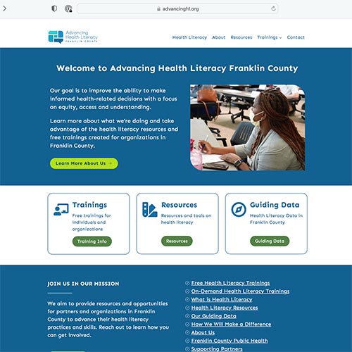 Screenshot of Advancing Health Literacy website home page.